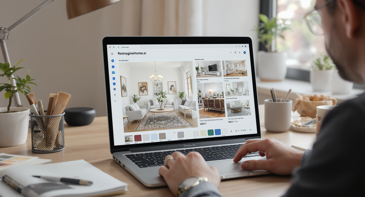 Designer using AI software on laptop to test rich colors and furniture layouts for a Victorian home.