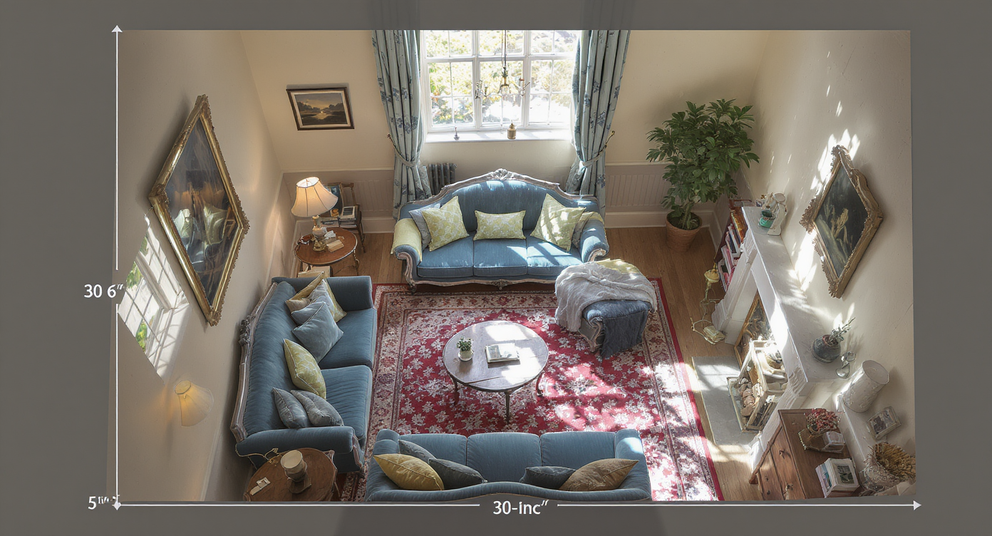 3D rendering of Victorian living space highlighting walking paths and correctly scaled furniture in deep colors.