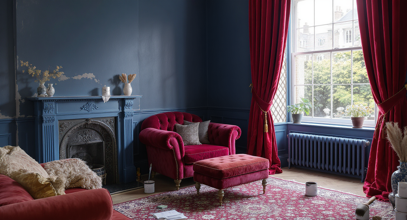 Victorian studio corner showing layered painted furniture and DIY paint project with bold maximalist style.