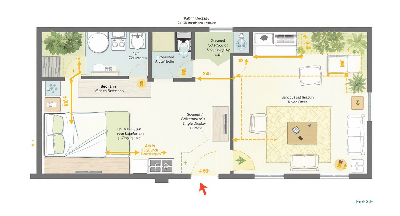Diagram of bedroom layout showing clear walking paths, fabric safety zones, grouped collection display, and pet-friendly areas