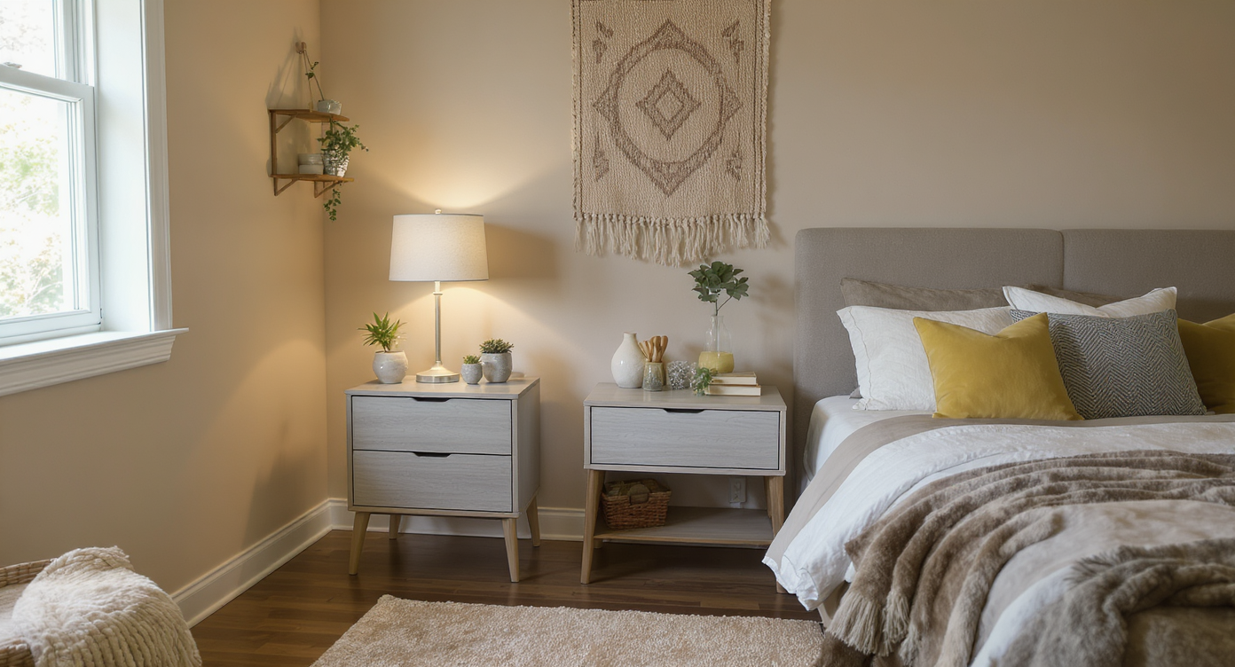 Bedroom corner showing nightstands aligned with mattress height, warm lighting, shelves with plants, and a textile tapestry