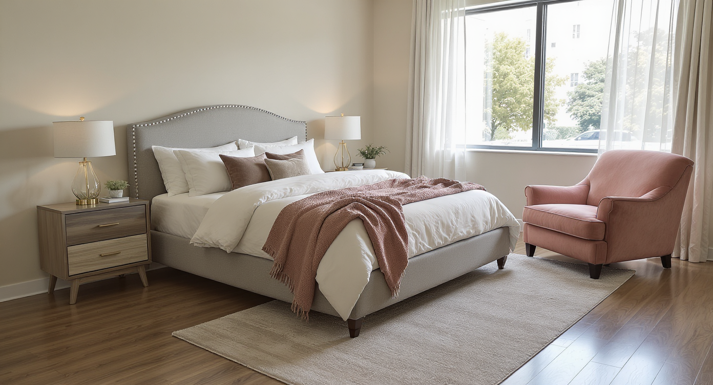 Bedroom with queen bed, correctly scaled furniture, clear walking space, and one oversized armchair blocking the flow