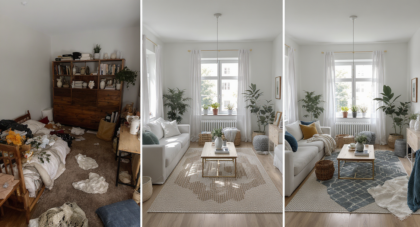 Collage showing bedroom before, during, and after redesign with AI guidance and DIY layout improvements