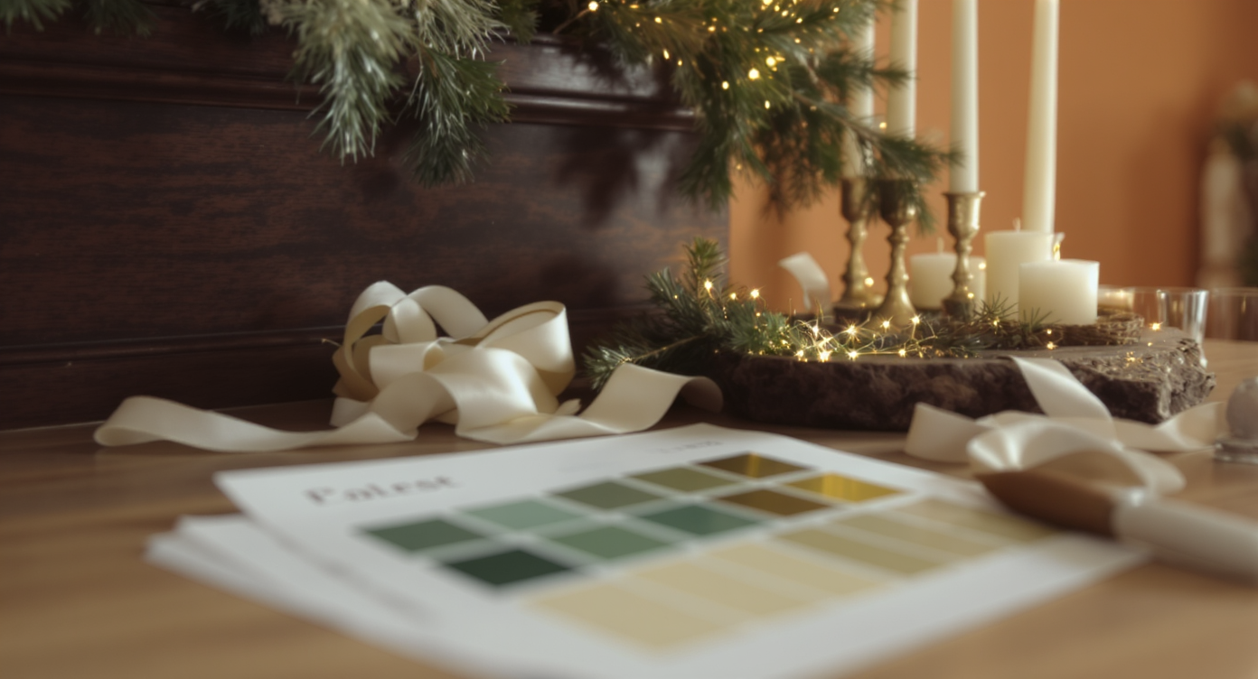 Close-up of a wooden mantelpiece with Christmas decorating supplies and color swatches for forest green, cream, and brass on a table in a warm living room.