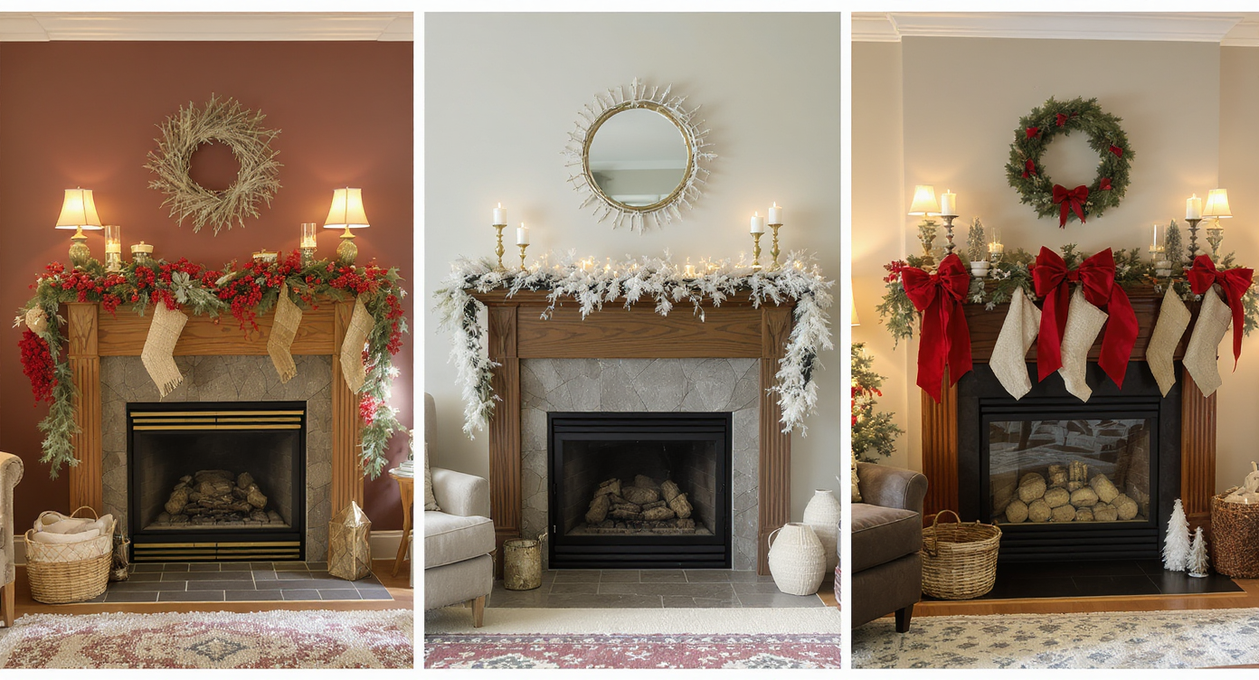 Three side-by-side photos of different styled real-family Christmas mantels: rustic layered, minimal modern, and maximal bows and berries, all warmly lit.