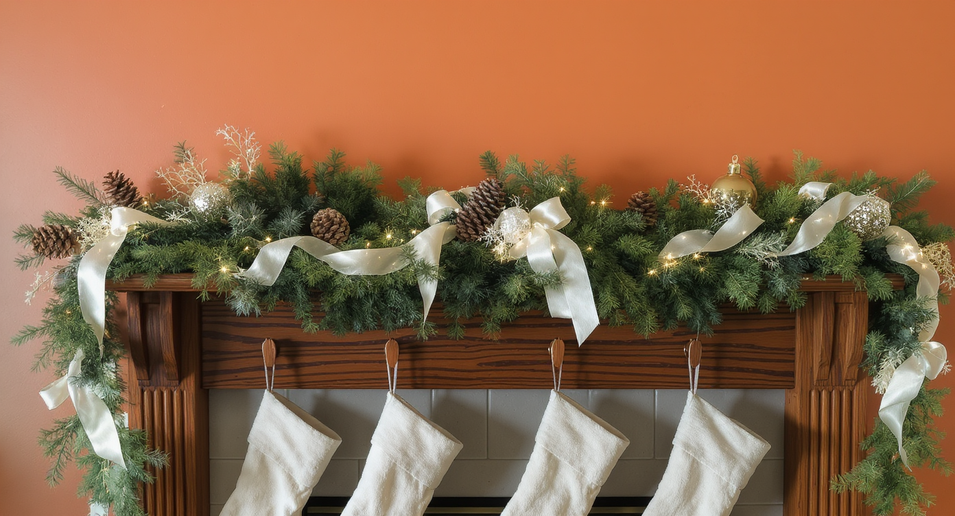 Christmas mantel styled with evergreen garland, warm white lights, cream ribbons, pine cones, brass ornaments, and cream stockings on warm terracotta wall.