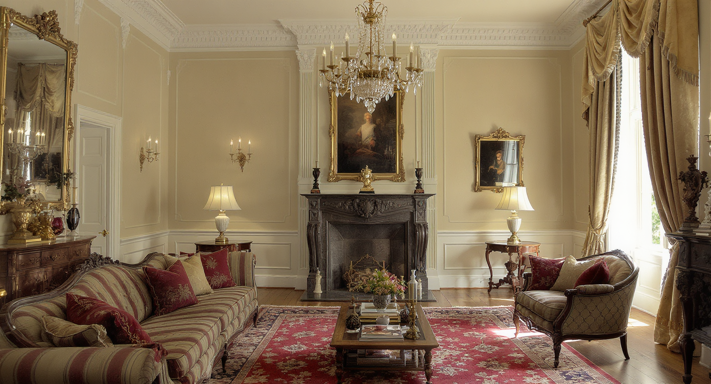 Georgian drawing room with symmetrical layout, chandelier, tartan fabrics, wood floor, and tall windows with heavy drapes.
