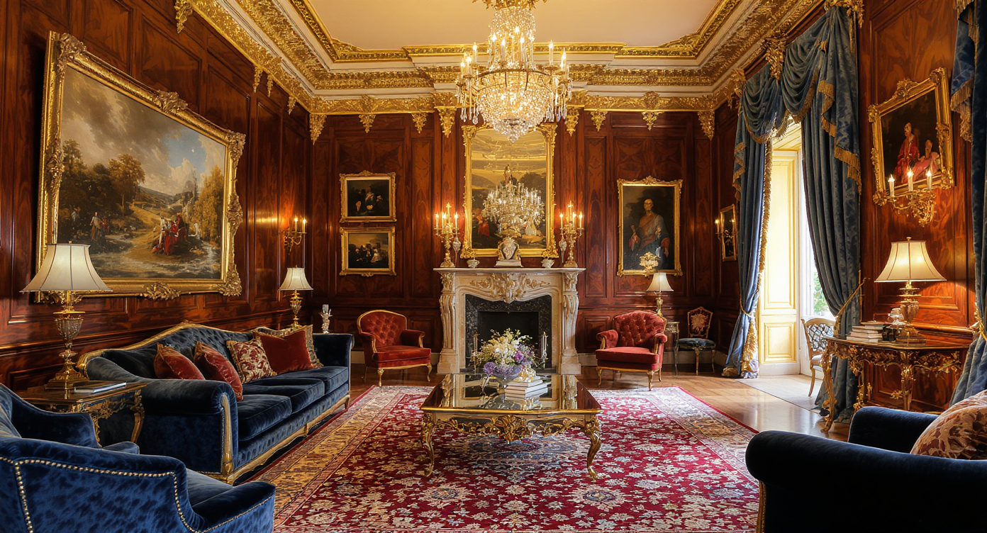 Opulent living room with Jacobean wood paneling, velvet sofas, gilded ceiling, crystal chandeliers, and marble fireplace.