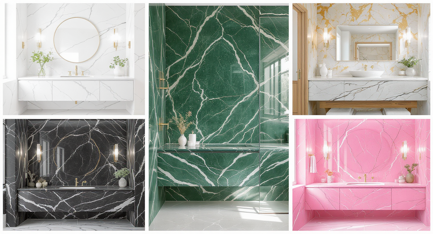 Collage of five bathrooms, each featuring different marbles—white, green, honey onyx, black with veins, and pink—highlighting maximalist stone design.