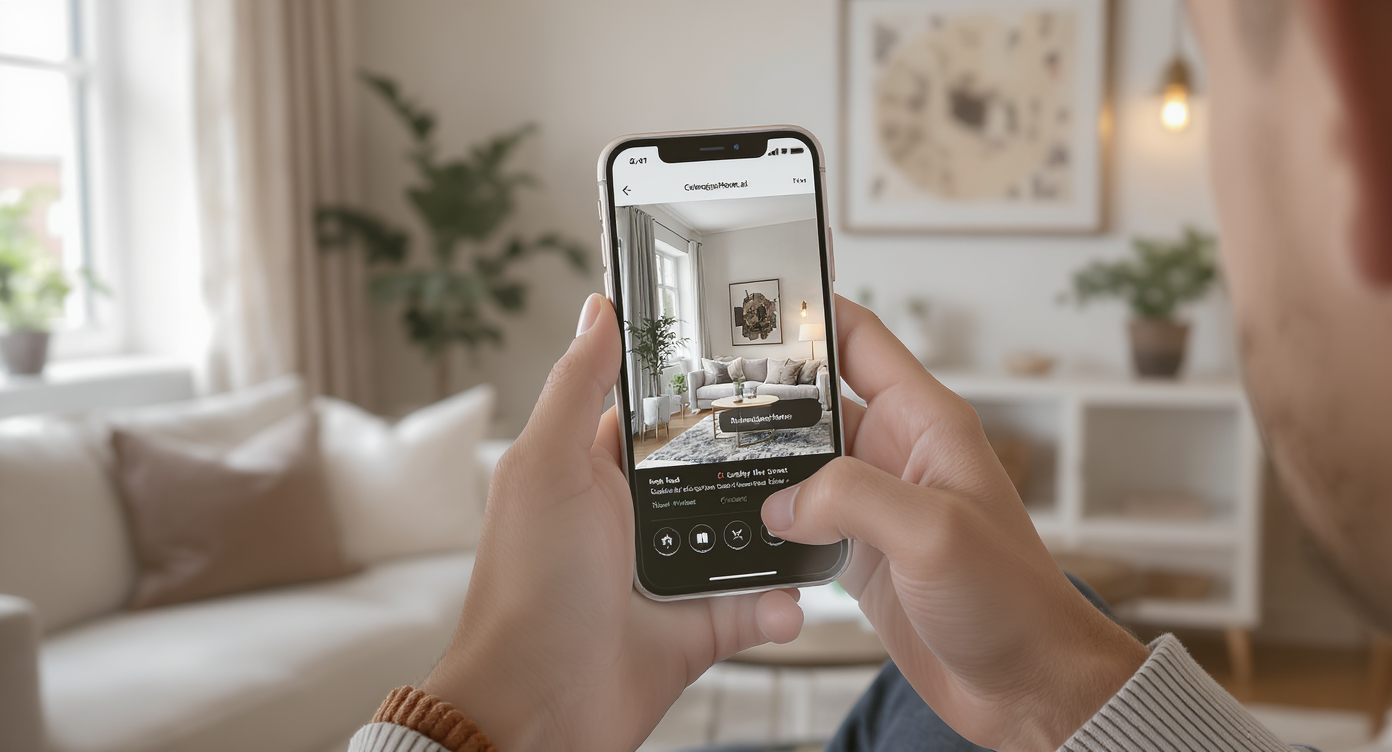 Homeowner using smartphone app displaying celebrity-inspired room redesign with vintage lighting and Venetian plaster interior visible in background.