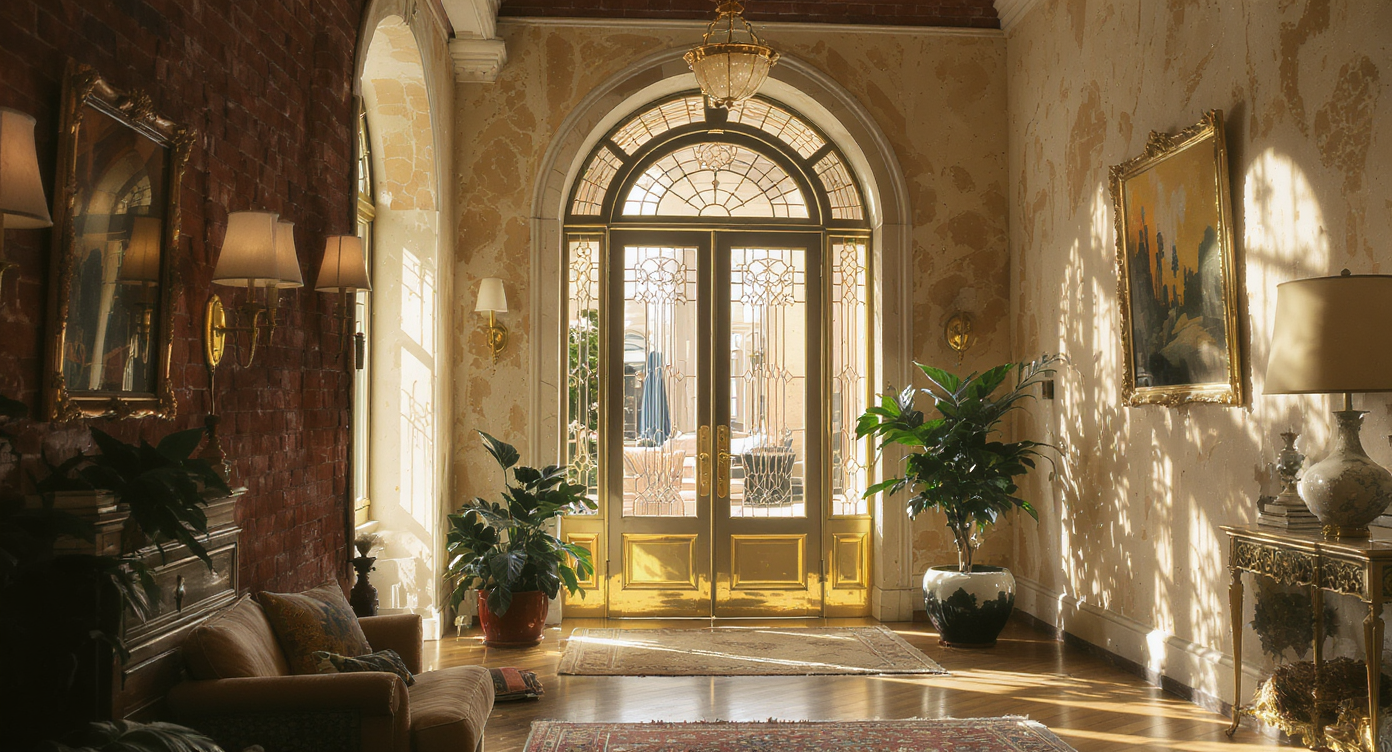 Entry vestibule with cast-glass and antique-brass arched door, leading into an open living space with Venetian plaster walls and vintage lighting.