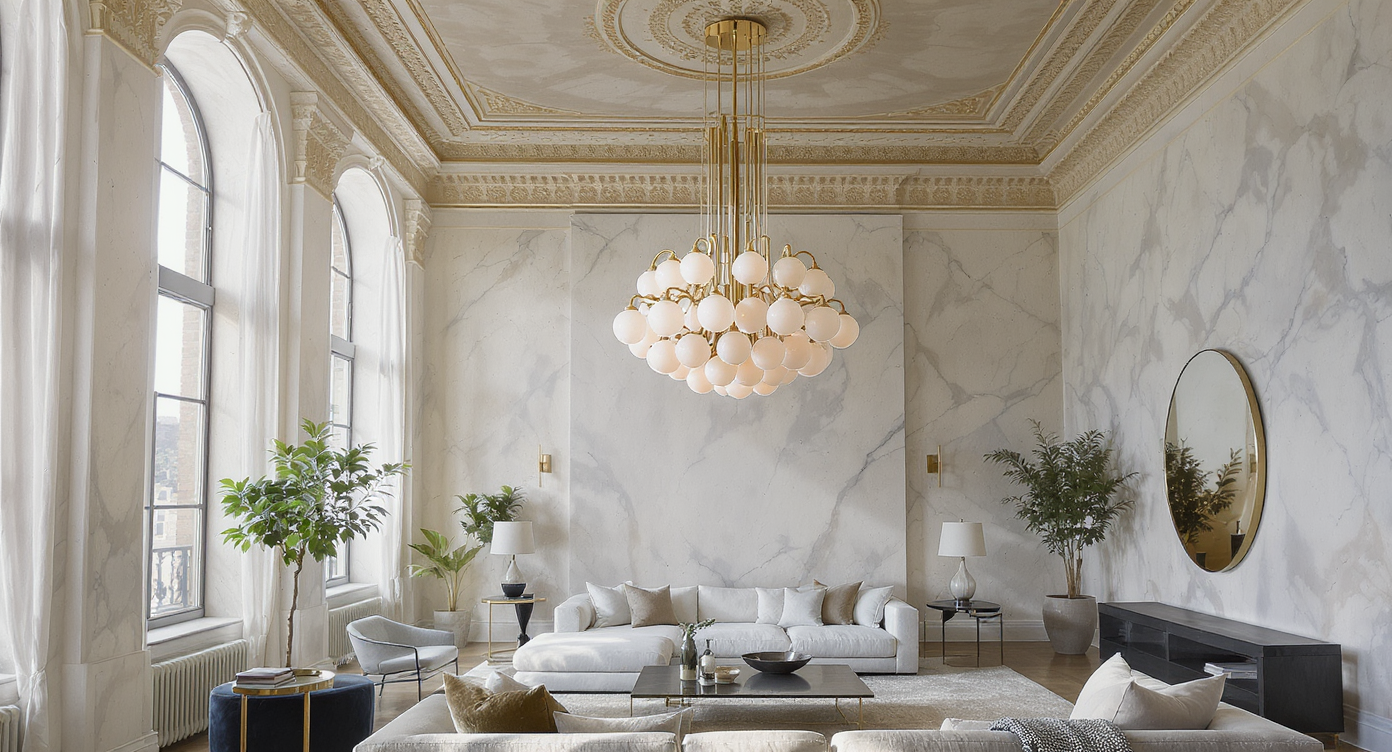 Loft interior with soaring 14-foot ceilings highlighted by a large 40-globe chandelier and vintage sectional below, earthy plaster walls and brass accents.