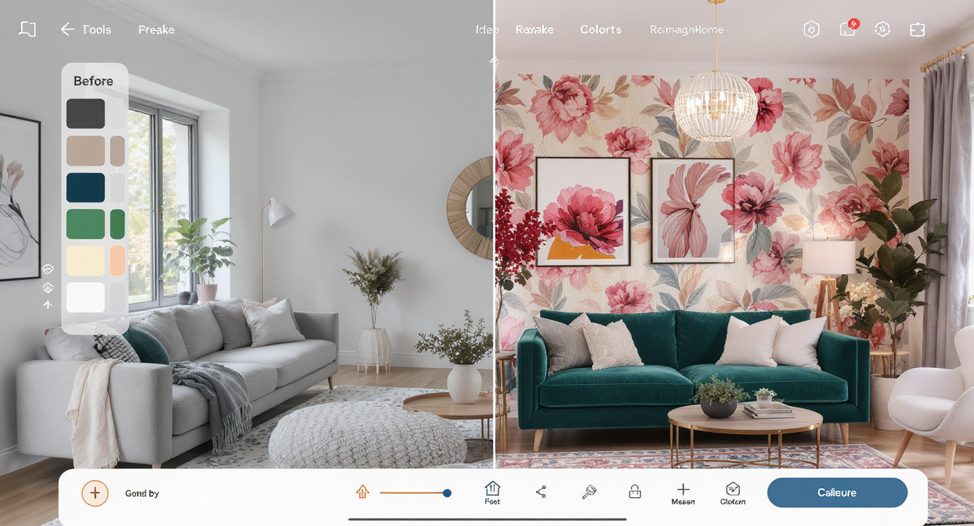 Digital interior design app showing before and after of a living room transformed with jewel tones, florals, and maximalist elements.