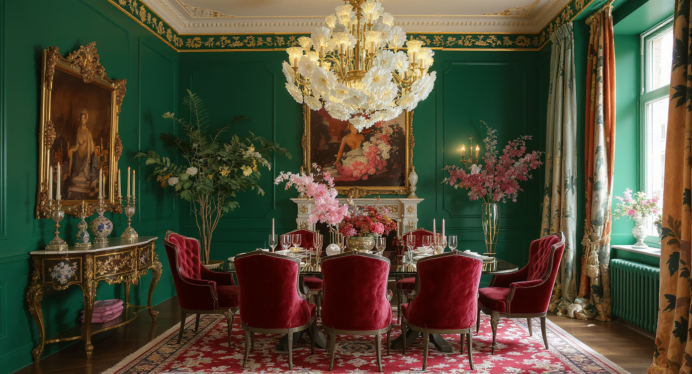 Dining room with floral chandelier, heritage green walls, jewel-toned velvet chairs, and rich botanical decor.