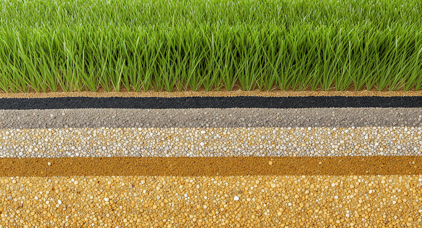 Detailed cross-section of artificial turf with 5-7 inches compacted gravel base and screenings, showing smooth, even grass surface.