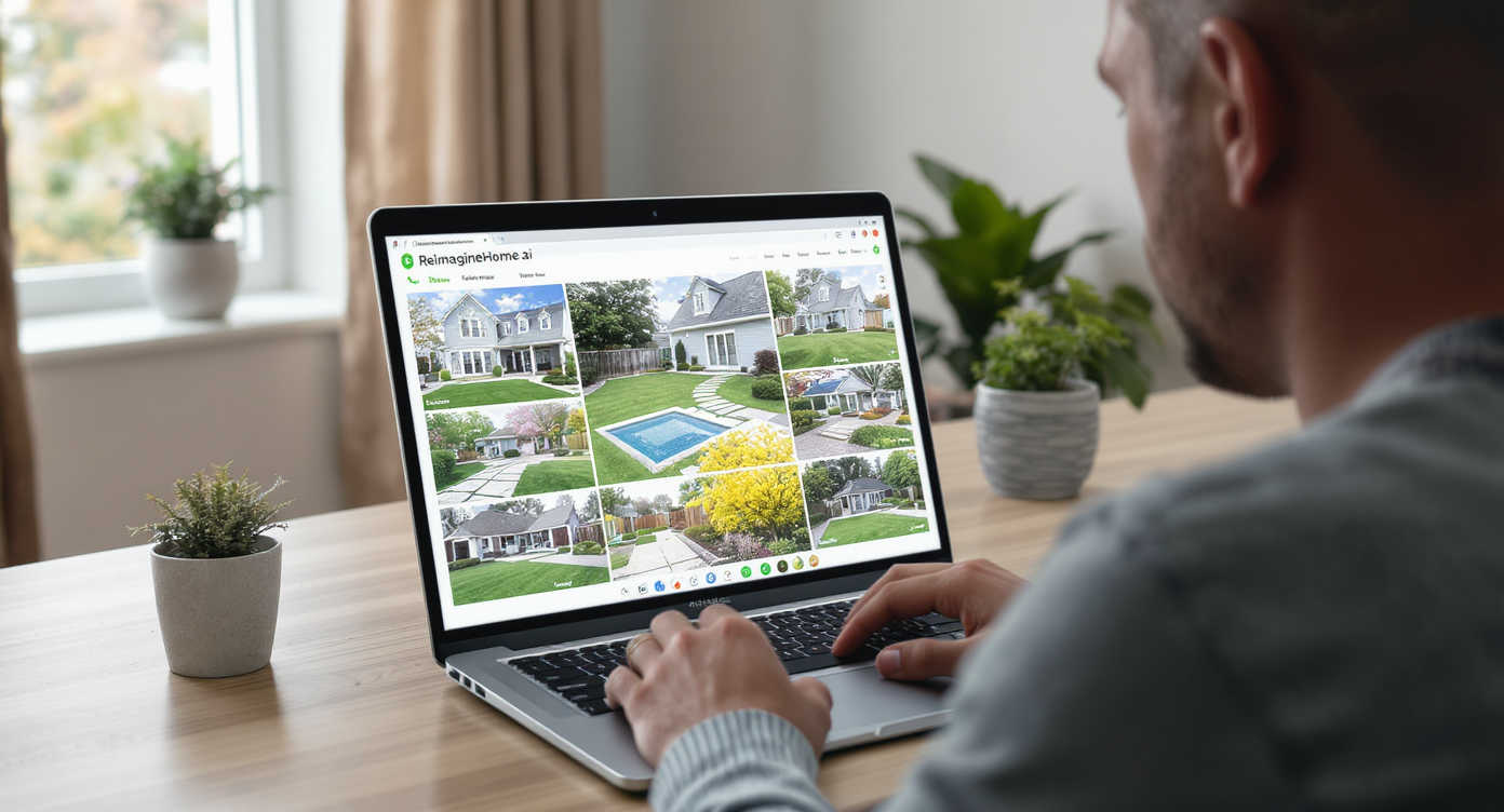 Homeowner using ReimagineHome.ai on a laptop to visualize virtual lawn, patio, and meadow designs over their yard photos.