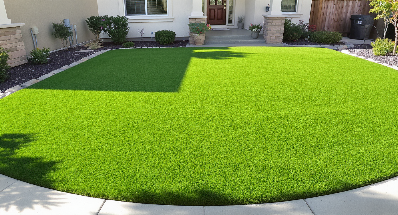 Small front yard with wide artificial turf rolls and just one or two narrow seams aligned in the same fiber direction.
