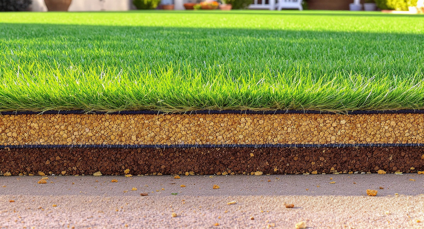 Freshly installed artificial turf over 5-7 inches of compacted gravel base, showing smooth, even lawn with no weeds or waves visible.