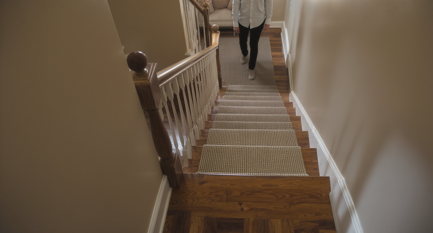 Interior hallway with plain wooden staircase and muted taupe walls under soft natural light, person contemplating at base of stairs.