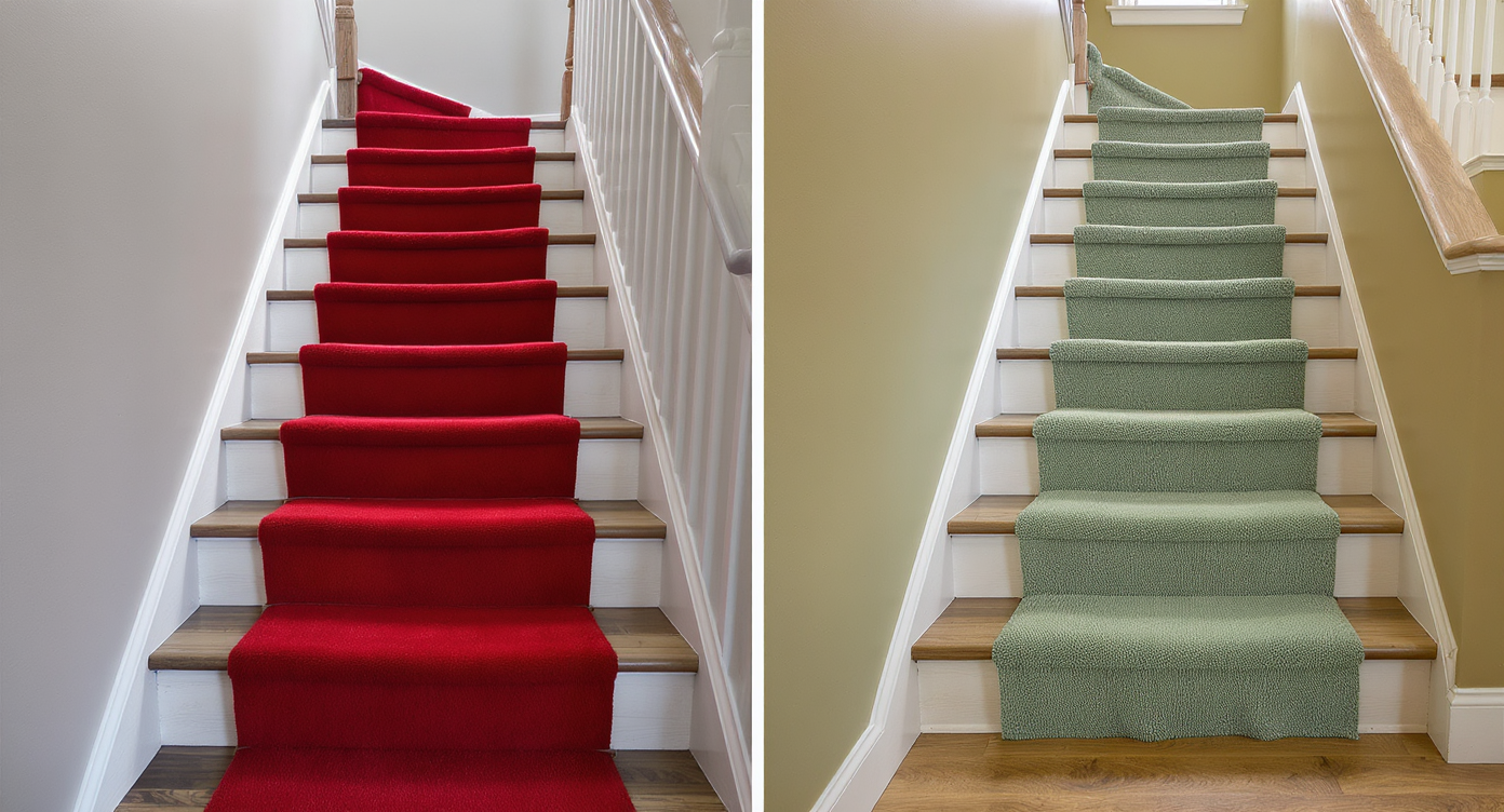 Split view of identical staircase with contrasting bold red runner and harmonious muted green runner showing different moods.