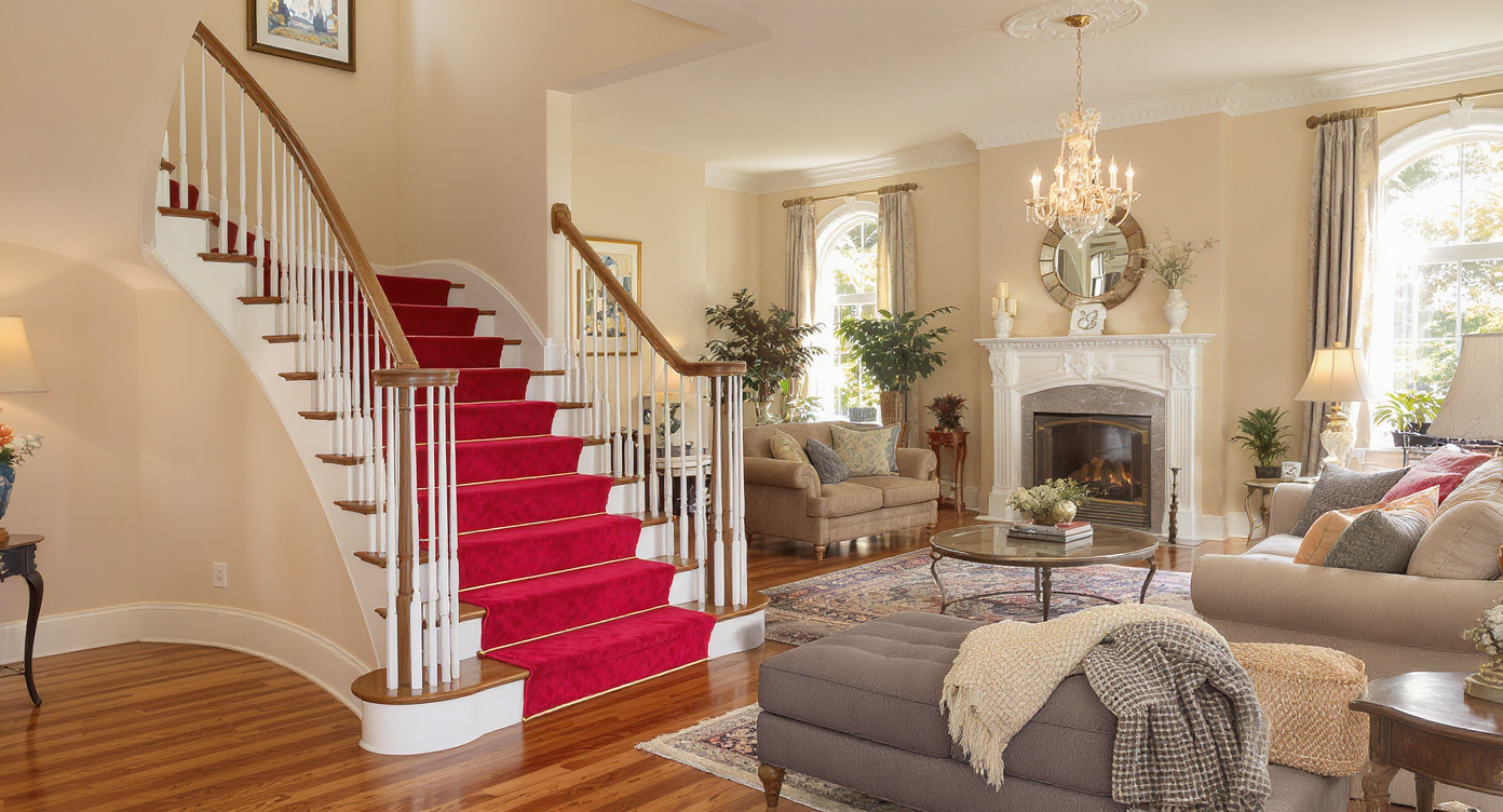 Living room with open staircase featuring bold red runner balanced by neutral walls, wooden floors, and beige-charcoal furnishings.