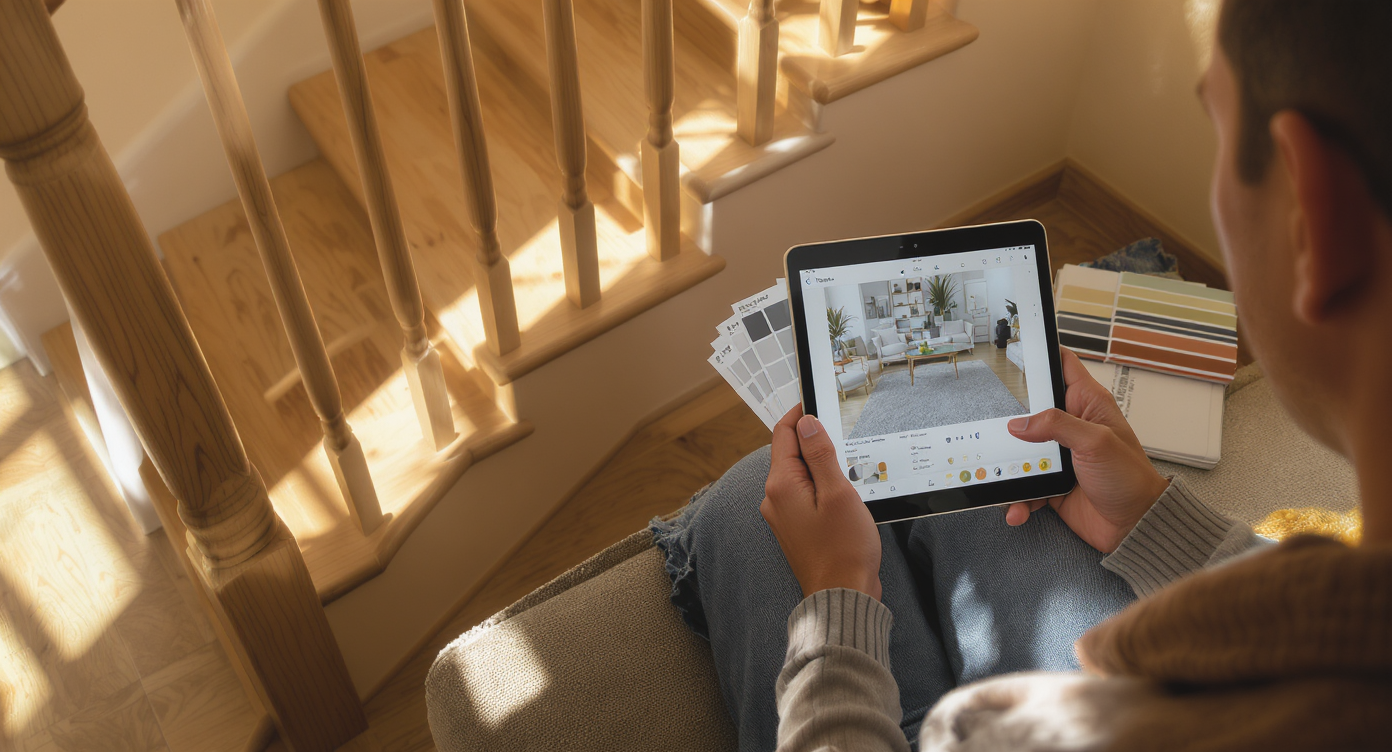 Homeowner using tablet app by staircase with wood steps, fabric samples and paint strips nearby in natural light.
