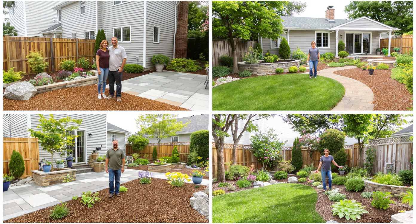 Four proud homeowners standing in their yards with stone patios, wide mulched paths, raised beds, and lush regenerative planting under daylight.
