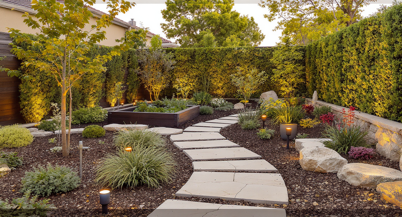 Backyard with wide stone paths, drip irrigated raised beds, warm outdoor lighting, mature hedges, and drought-resistant plants in late afternoon light.