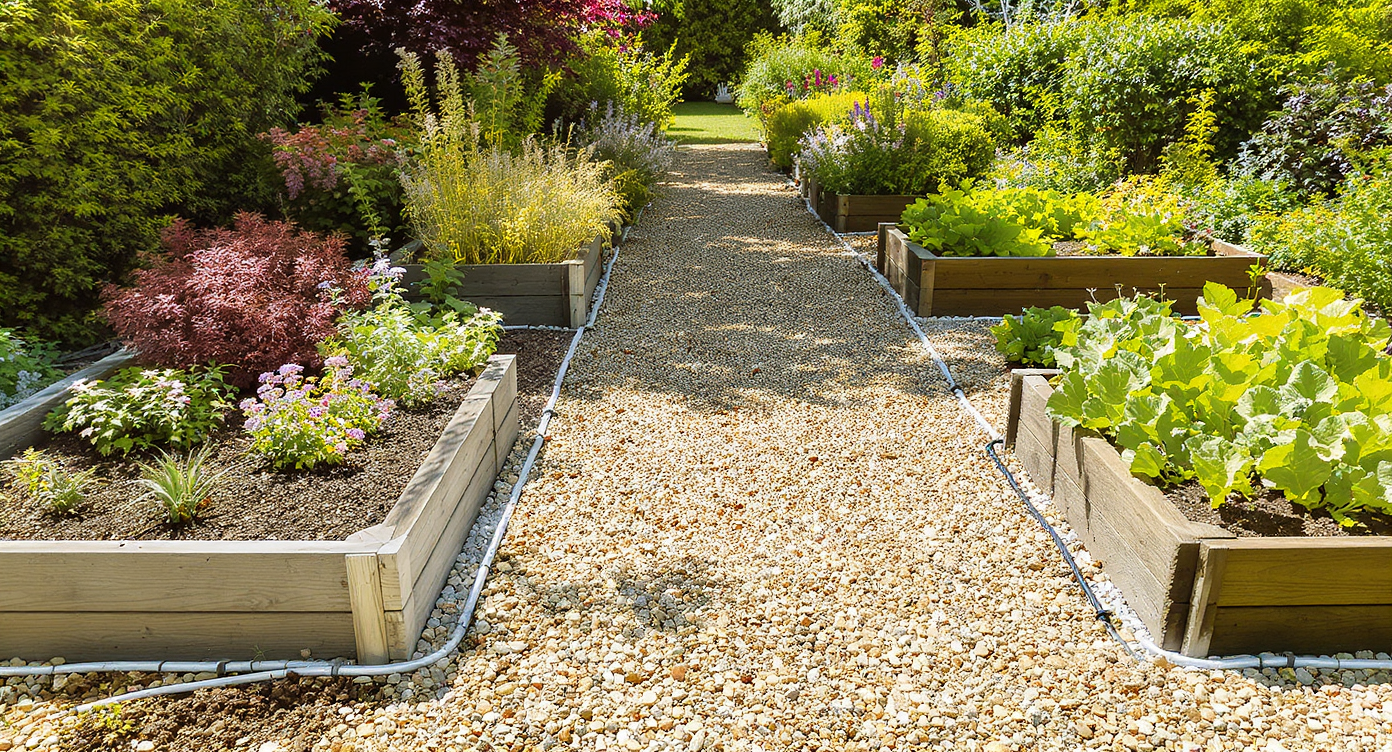Sunlit garden path of compacted gravel between raised beds with irrigation lines and flourishing plants in varied growth stages.