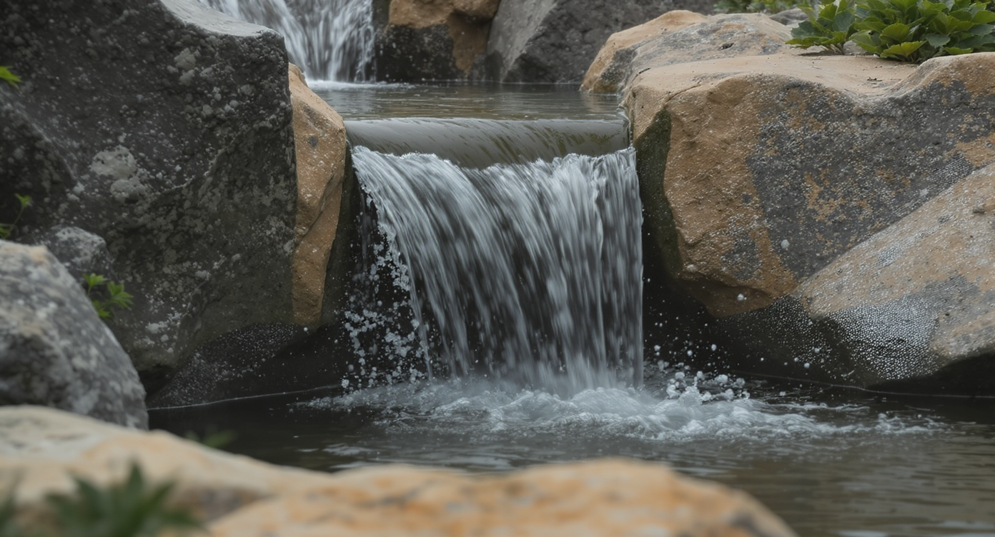 Close-up of water falling from a spillway into a stone basin with water splashing and surrounding sound-absorbing plants.