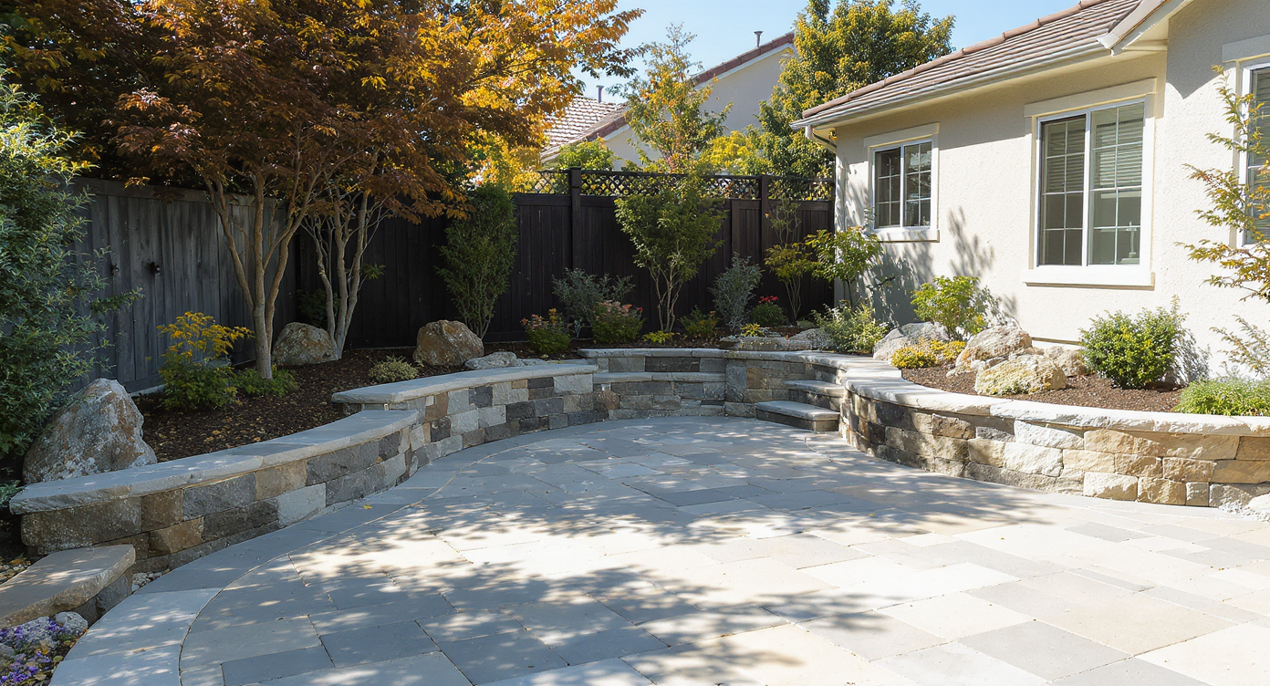 Backyard with extensive hardscaping including stone patios, ramps, and rock formations with sparse greenery in bright daylight.