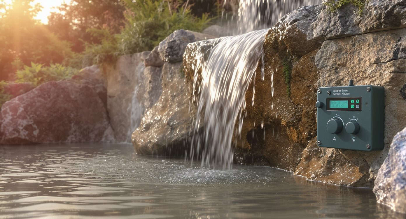 Smooth water sheet on ramp, splash landing on porous rock, and a variable-speed pump control panel outdoors at sunset.