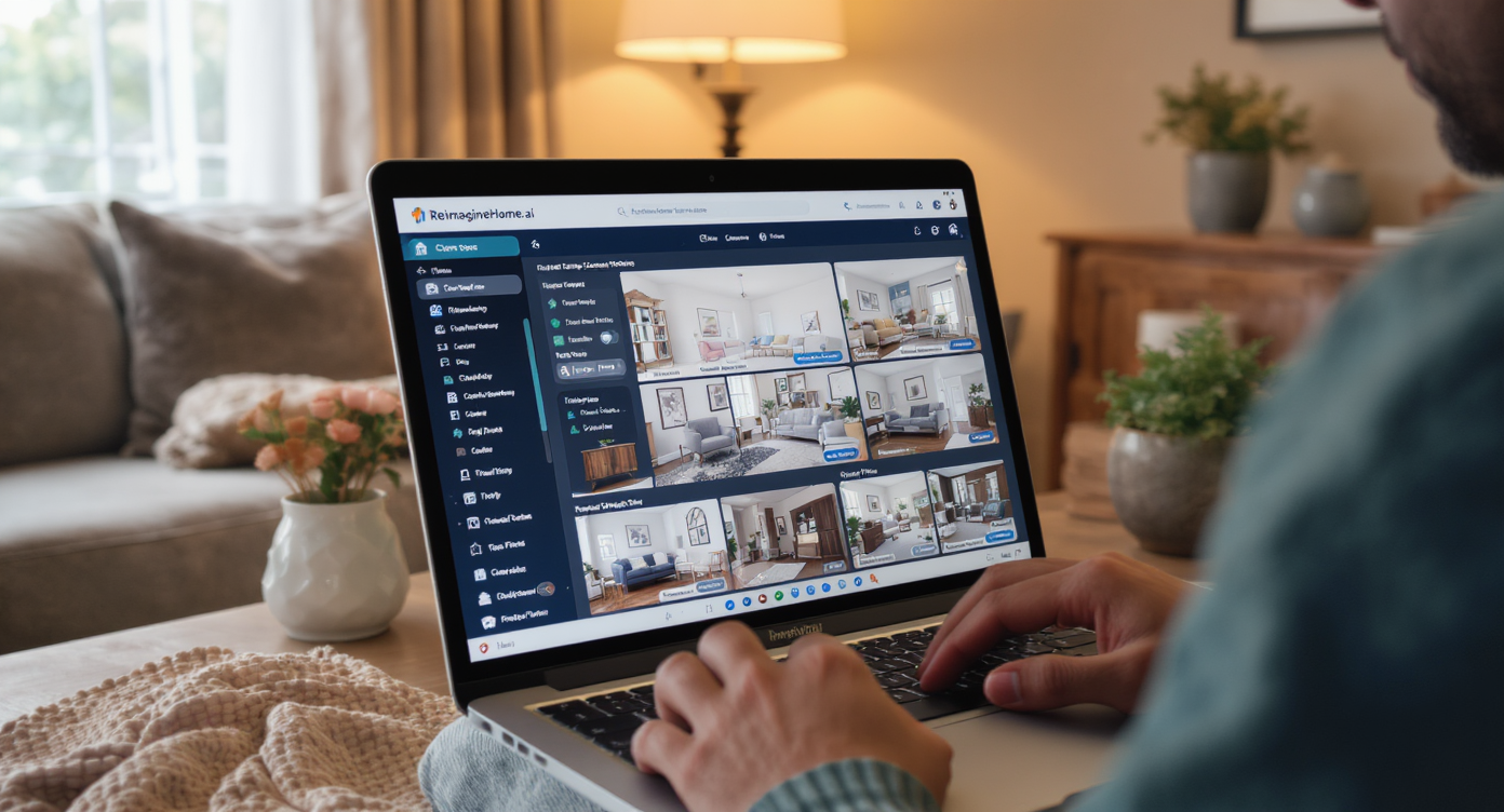 Homeowner interacting with ReimagineHome.ai laptop interface showing room layout options in a softly lit parlor.