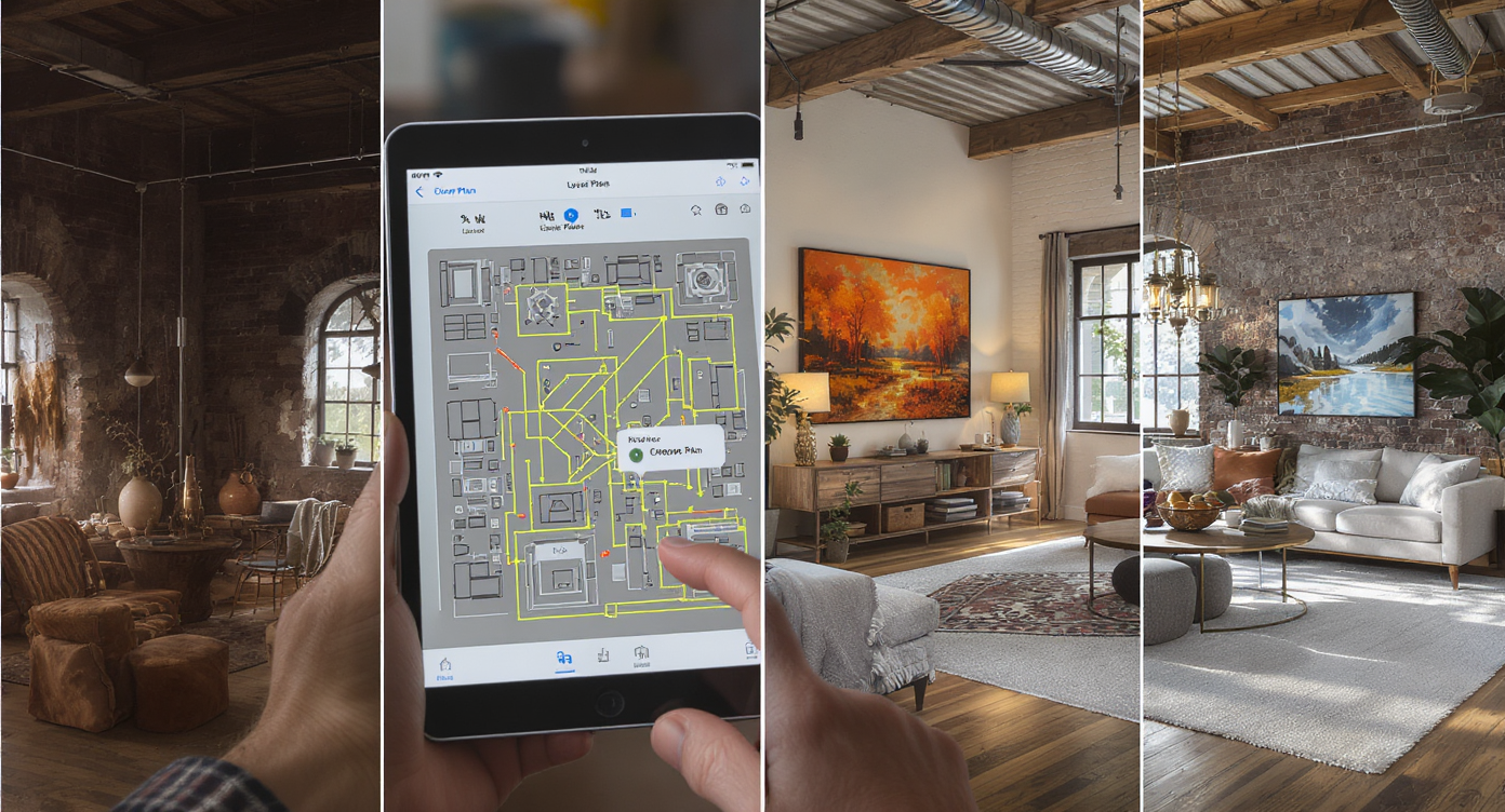 Step-by-step visuals of an industrial living room becoming more spacious and calm using AI plans and DIY changes.