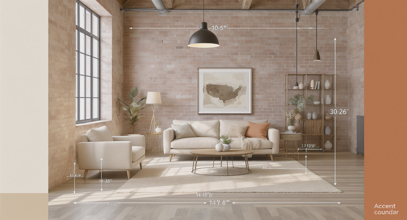 Diagram of living room showing clear walking paths and properly scaled furniture with calm color palettes in an industrial brick room.