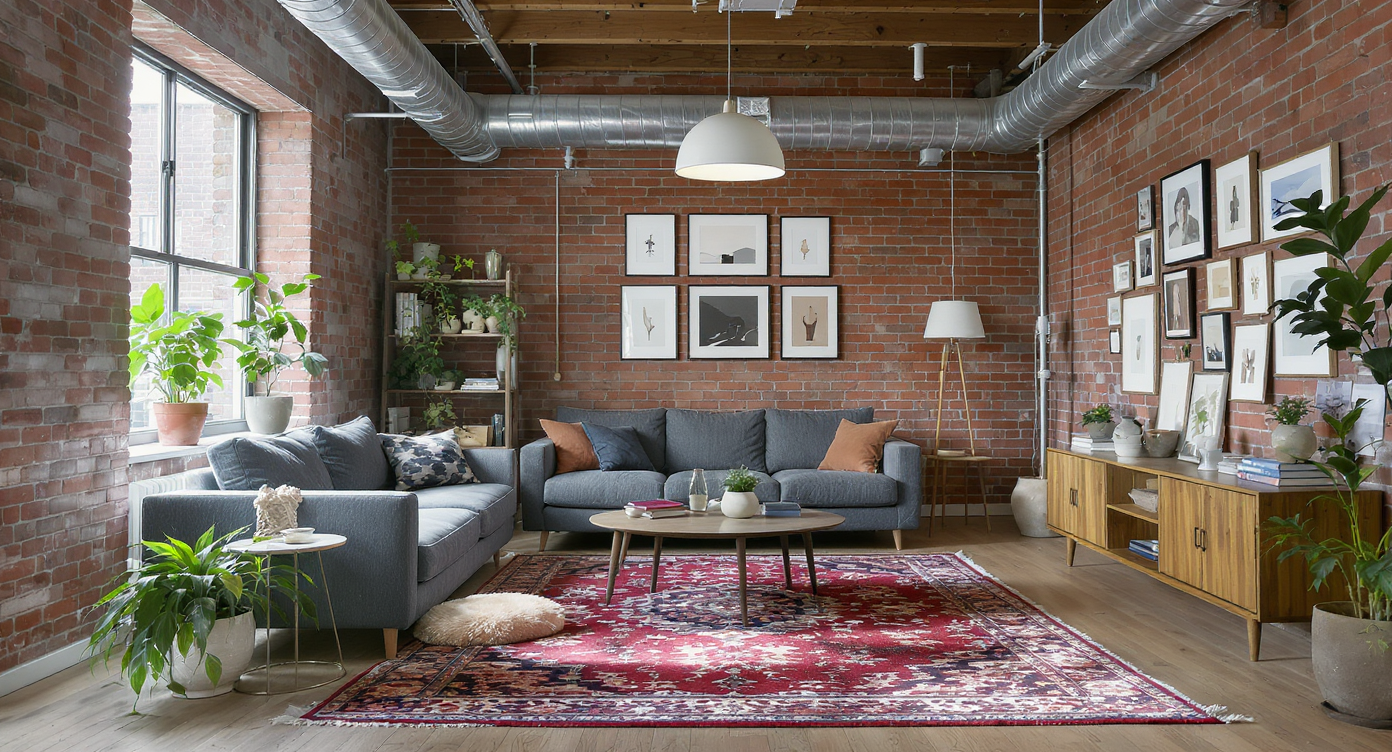 Cramped brick living room showing an oversized sofa blocking paths, mismatched large rug, and cluttered gallery wall causing chaos.