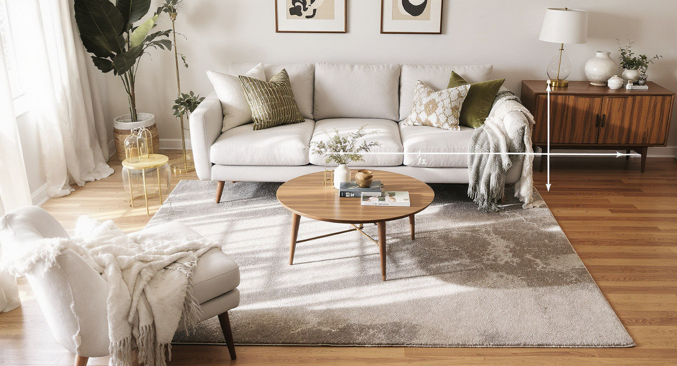 Living room example showing ideal coffee table distance, clear walkways, and proportionate rug size for harmonious layout.