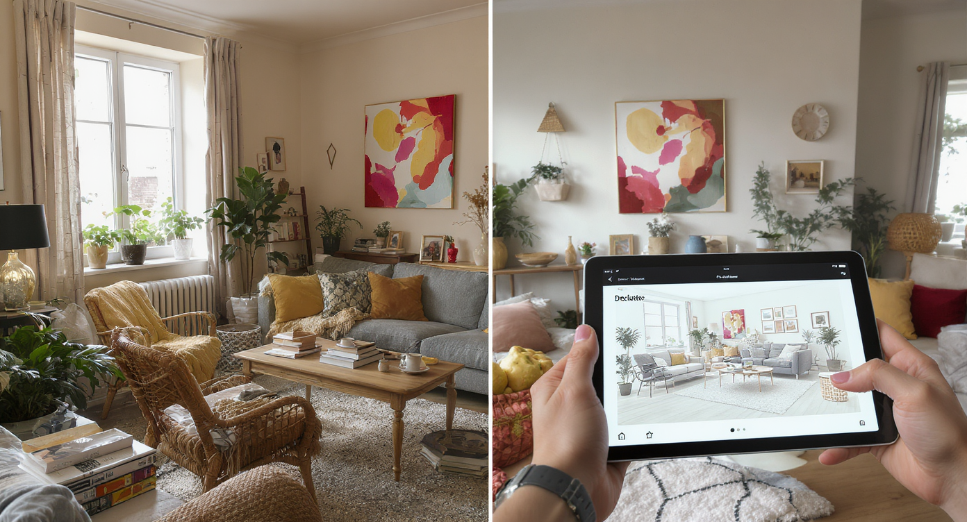 Cozy cluttered room with competing focal points beside a designer using a tablet showing a simplified, staged version of the same space.