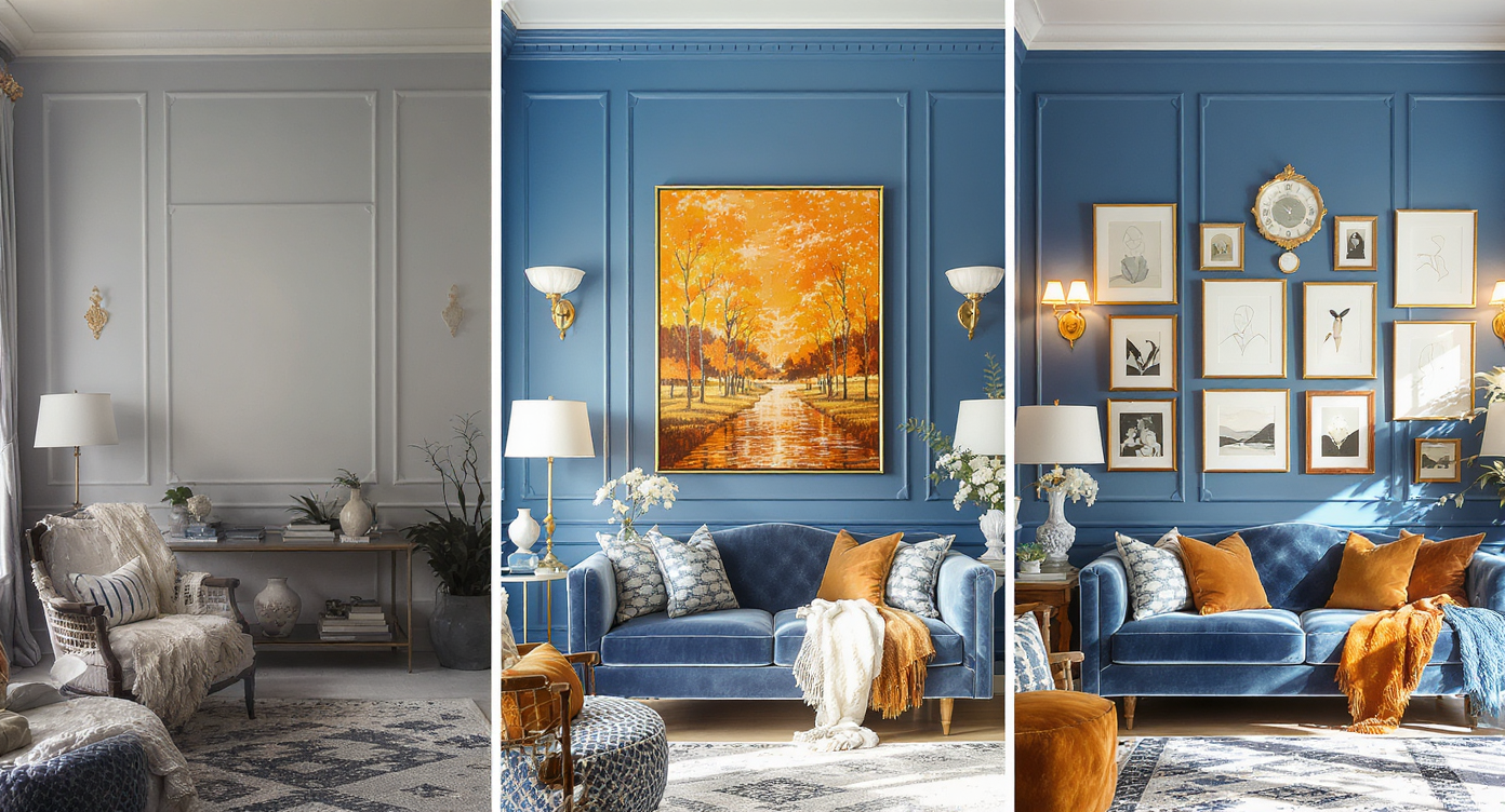 Triptych showing maximalist blue gallery wall before, during, and after adding crown moulding, lighting, and art arrangement enhancement.