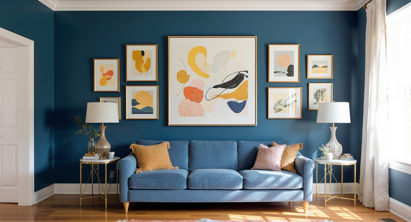 A balanced blue gallery wall highlighting proper artwork layout, scale, and an anchoring central piece with warm accent colors.