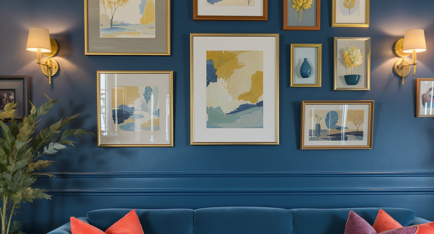 Gallery wall close-up showing even 2-3 inch spaced frames with warm mustard and blue tones, 3D elements, and picture lighting.