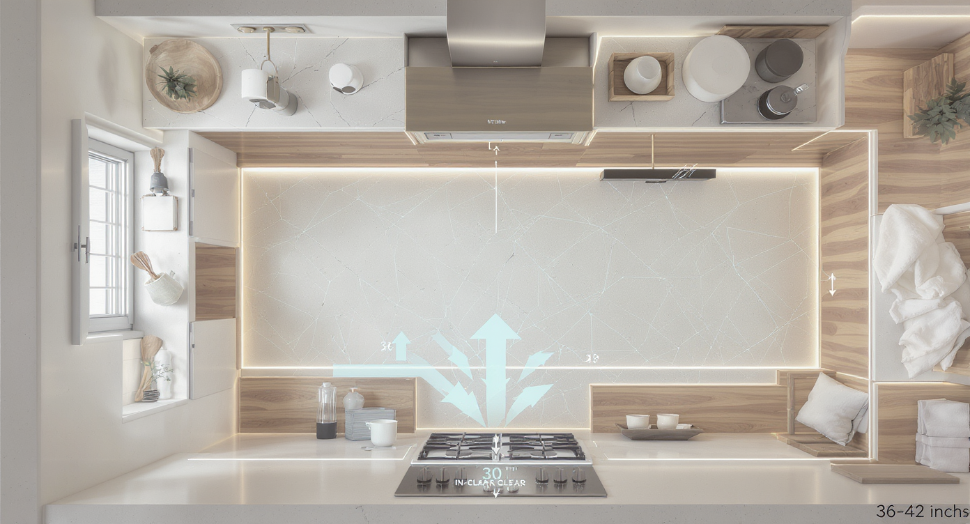 Kitchen showing spacious aisles and safe distances between cooktop and textiles with wipeable surfaces and gold-tone accents.