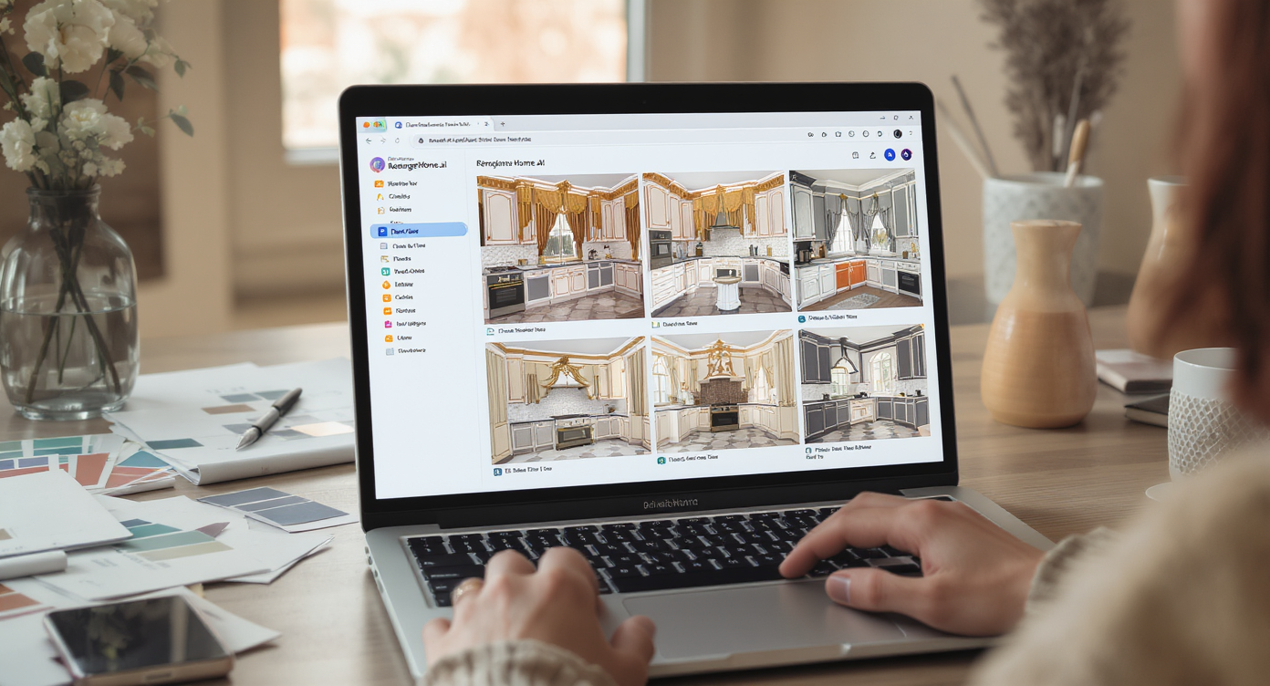 Person using laptop to explore rococo kitchen design options on ReimagineHome.ai in sunlit workspace.