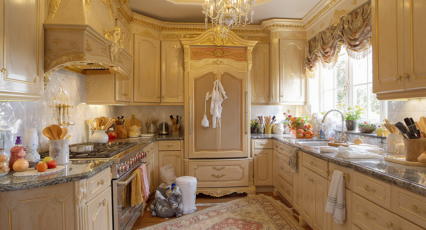 Cluttered rococo kitchen corner with oversized ornate furniture obstructing kitchen aisle and flow.
