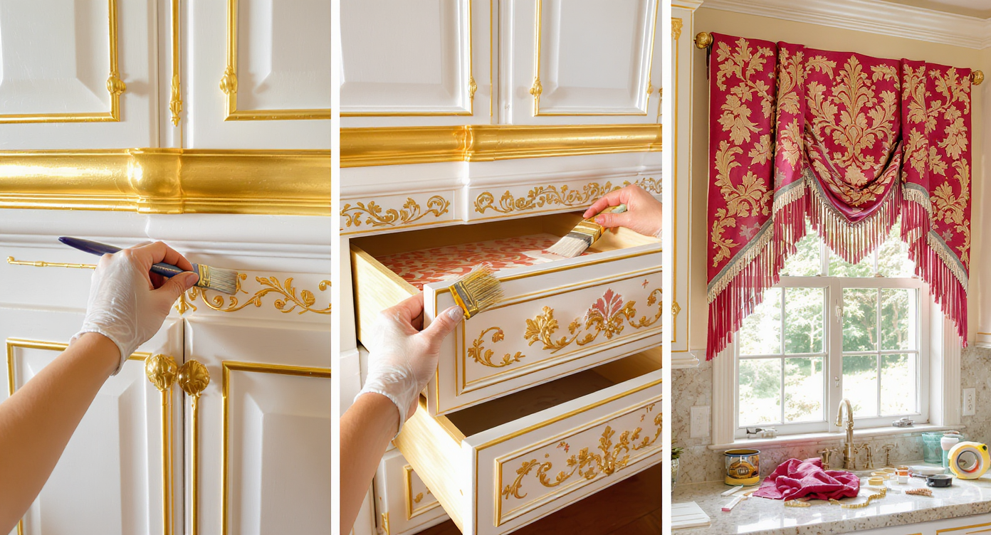 Hands applying gold PVC moulding and peel-and-stick paper in a rococo kitchen DIY makeover under natural light.