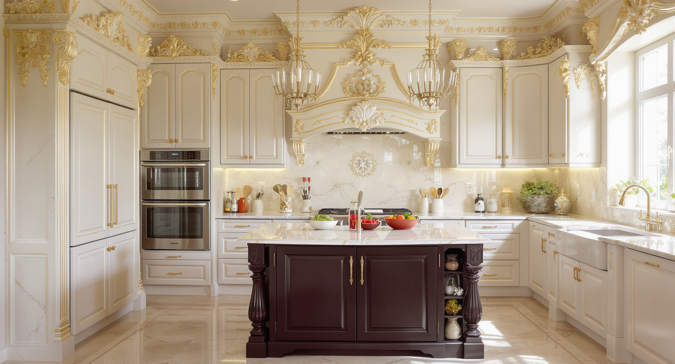 Functional rococo kitchen showing slim island storage, task lighting, magnetic utensil strips, and peel-and-stick cabinetry.