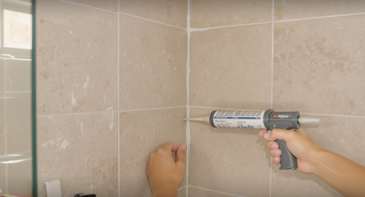 Hands applying clear silicone caulk with a gun into shower corner joints surrounded by beige stone tiles with daylight.
