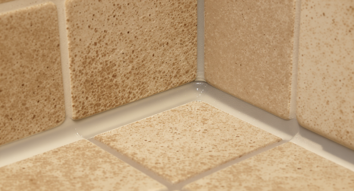 Close-up of shower corner with clear silicone caulk sealing the corner and white grout between flat tiles, lit by warm natural light.