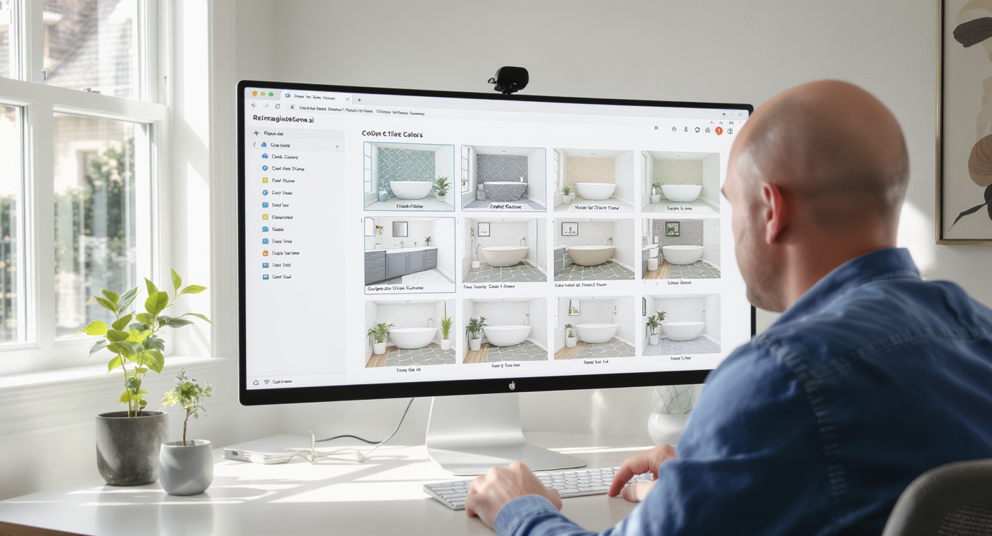 Person using ReimagineHome.ai on a computer to compare bathroom tile and caulk options, in a bright home office.