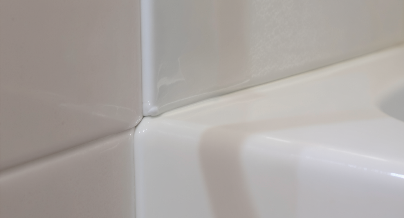 Detailed close-up of a smooth, continuous silicone caulk bead between white ceramic tile and bathtub edge in natural light.